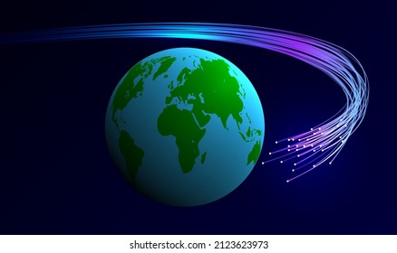 Earth and optical fiber. Vector illustration of a set of optical fiber with a stream of digital information flying around the globe.