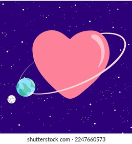 The Earth with the Μoon in orbit around a big heart in the universe. Abstract vector illustration.
