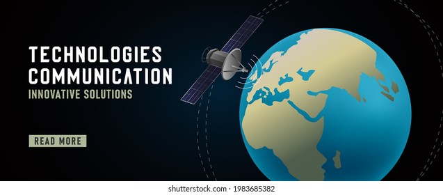 Earth orbit with satellite, 3d illustration for promo banner for technology company, web digital advertising template