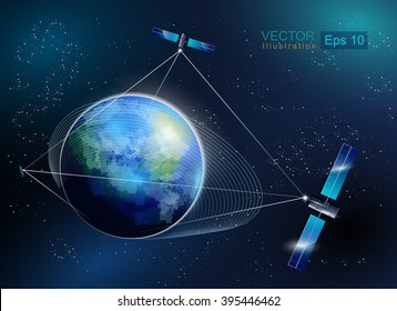 Earth Orbit With Satellite. Satellite Connection. World Global Net.