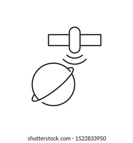 Earth, orbit and satellite icon. Minimalist outline thin line icon. Isolated on white background. 