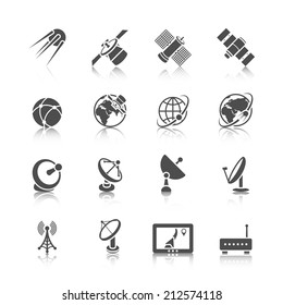 Earth Orbit Space Station And Satellite Dish Digital Receiver Communication Icons Set Black Abstract Isolated Vector Illustration