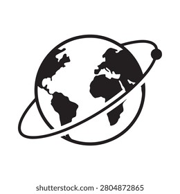 Earth With Orbiting Ring Black Silhouette On White Background