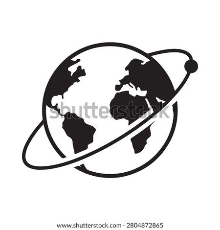 Earth With Orbiting Ring Black Silhouette On White Background