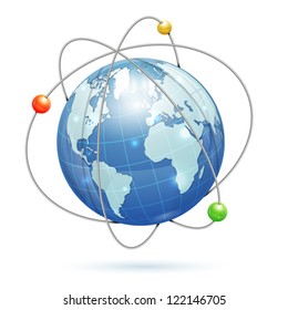 Earth with orbits of satellites, isolated on white background, vector illustration