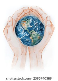 Earth is in Our Hands - conceptual watercolor vector illustration of the Earth in human's hands. Our responsibility is to save, protect and care for our planet. Poster or postcard for Earth Day.
