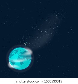 Earth in outer space with satellite vector, flat cartoon satellite space ship flying around planet world in universe and copy space for text, orbit station in cosmos or universe in stars background