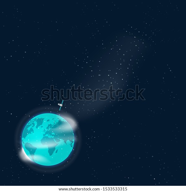 Earth in outer space with satellite vector,\
flat cartoon satellite space ship flying around planet world in\
universe and copy space for text, orbit station in cosmos or\
universe in stars\
background