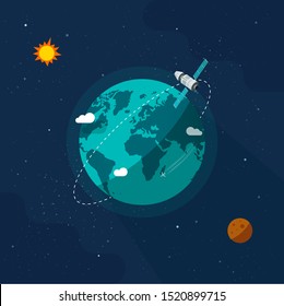 Earth in outer space vector illustration, flat cartoon satellite space ship flying around planet world on solar system universe, moon, stars, orbit station flight in cosmos or universe