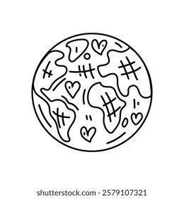 Earth outline drawing with hearts for eco and love concept

