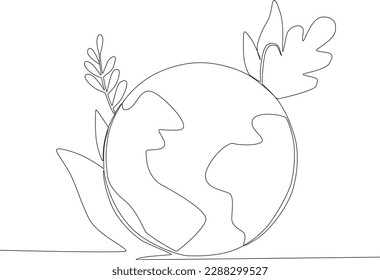 Earth is overgrown with various leaves. World environment day one-line drawing