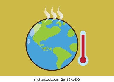 Earth overheating illustration with thermometer and steam, symbolizing global warming.