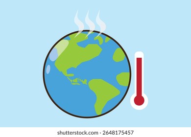 Earth overheating illustration with thermometer and steam, symbolizing global warming.