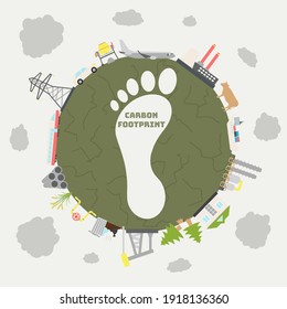 Earth Overshoot Day poster. Carbon footprint sources. CO2 ecological footprint. Greenhouse gas emission. Environmental and climate change concept. Hand drawn vector illustration. 