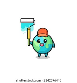 the earth painter mascot with a paint roller , cute design