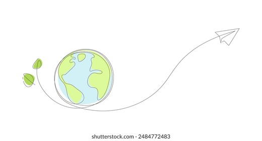 Earth and Paper Airplane. Continuous line art drawing. Go green. Ecology and Environment concept.  Line art vector illustration.