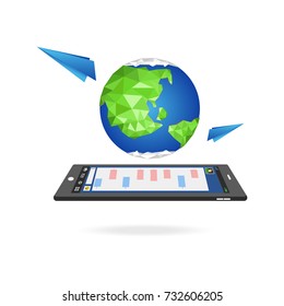 Earth with paper plane on tablet illustration in Low poly style. Polygonal globe icon. Vector isolated