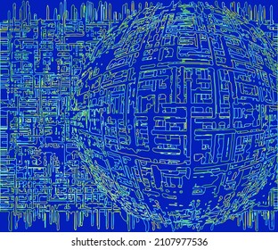 The Earth as a part of the cosmos, a single canvas of the universe. Quantum computing technology concept. Blue circuit motherboard. Portal of cyberspace, futuristic cyber network data exchange.