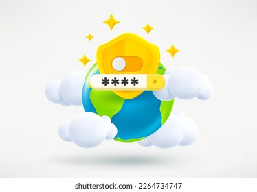 The Earth and password tab. Privat global web connection concept. 3d vector illustration