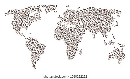 Earth pattern map created of space rocket launch elements. Vector space rocket launch scatter flat icons are composed into mosaic geographic collage.