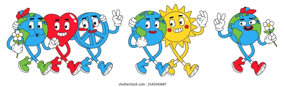 Earth, Peace, Love in trendy retro cartoon style. Funny globe, heart, sun, planet, flower characters with smiley face. Set of vector illustration. Earth day, save green planet, love and peace concept.