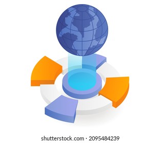 Earth with pie chart infographic in isometric illustration