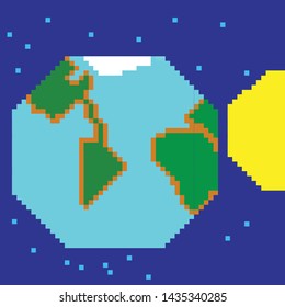 Earth pixel art. Pix elated planet. Vector illustration