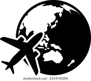 Earth and plane isolated vector silhouette.