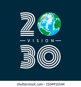 Earth planet with 2030 objectives for climate. 2030 vision. Cartoon planet Earth with white clouds around, year big numbers, navy blue space background. Vector symbol, logo, sign, label, emblem.