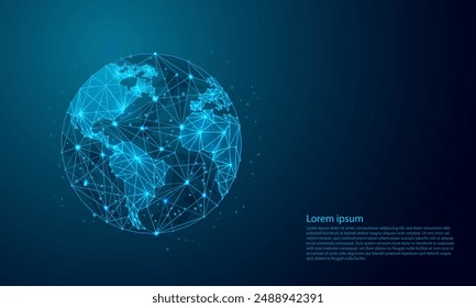 Earth planet 3d Futuristic abstract symbol blue background.World map polygonal symbol with connected line. Save the World, planet, ecology-low poly wireframe concept.
