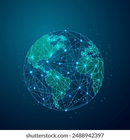 Earth planet 3d Futuristic abstract symbol blue background.World map polygonal symbol with connected line. Save the World, planet, ecology-low poly wireframe concept.
