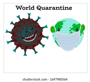Earth planet is attacked by Coronavirus. Coronavirus and world quarantine concept. The planet Earth dressed in a medical mask from COVID -19.  Can be used for posters. Vector white background isolated