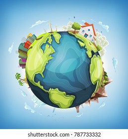 Earth Planet Background With House and Nature
Illustration of a cartoon design earth planet globe with architecture and environment elements, house, city, mountains, volcano, windmills, lighthouse