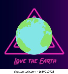 Antecedentes del planeta Tierra, Ilustración de la Tierra en el Espacio. La figra geométrica del triángulo debajo del suelo. En la parte inferior está la inscripción amor a la tierra.