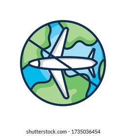 earth planet with banned flights symbol over white background, line color style, vector illustration