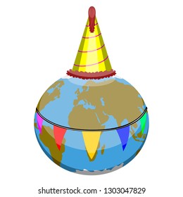 Earth planet with a birthday hat and pennats. Vector illustration design