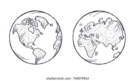 Earth planet black and white model drawn from two sides. Continents on vector illustration filled with thin polygons. Icon isolated on white