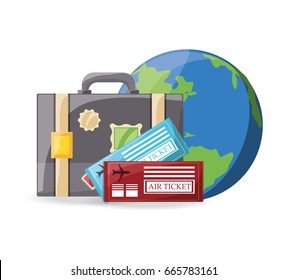 earth planet with briefcase and tickets