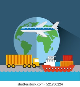 earth planet with cargo airplane, truck and ship. export and import concept. colorful design. vector illustration