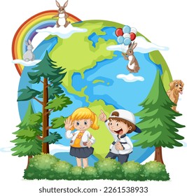 Earth planet with cartoon characters illustration