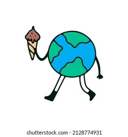 Earth planet character holding ice cream, illustration for t-shirt, sticker, or apparel merchandise. With retro cartoon style.
