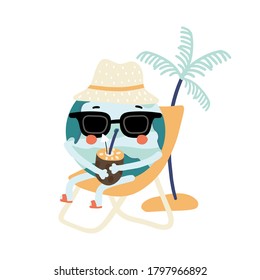 Earth planet character lies on a couch and drinks a cocktail. Vector illustration Isolated on white background. Creative abstract illustration of summer.