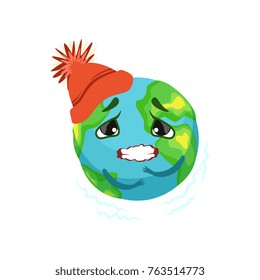 Earth planet character in red hat trembling, cute globe with face and hands vector Illustration