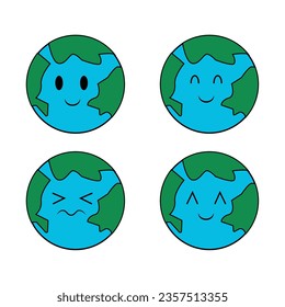 Earth planet character set collection. Isolated on white background. Eco friendly,save ecology,sick,Earth day concept.World map globe face emoji