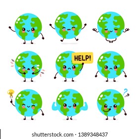 Earth planet character set collection.Vector hand drawing flat style illustration icon design. Isolated on white background. Eco friendly,save ecology,sick,Earth day concept.World map globe face emoji