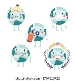 Earth planet character set collection.Vector illustration Isolated on white background. Eco friendly, save ecology. Icon set - Save the planet.