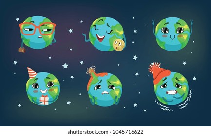 Earth Planet Characters Set, Earth Globe with Funny Faces and Different Emotions Cartoon Vector Illustration