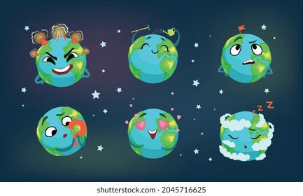 Earth Planet Characters Set, Earth Globe with Funny Faces Cartoon Vector Illustration