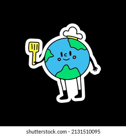 Earth planet with chef hat and holding spatula, illustration for t-shirt, sticker, or apparel merchandise. With doodle, retro, and cartoon style.