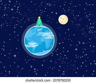 Earth planet with Christmas tree and the Moon in night starry sky background. Vector illustration 